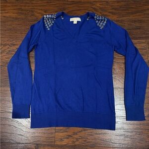 {MICHAEL Michael Kors} BRIGHT COBALT BLUE V-NECK SWEATER+GOLD TONE GROMMET